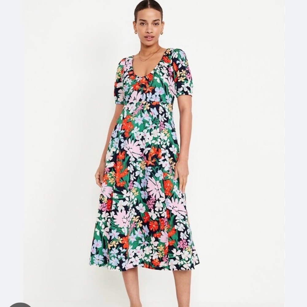 Floral Print Midi Dress with puff sleeve